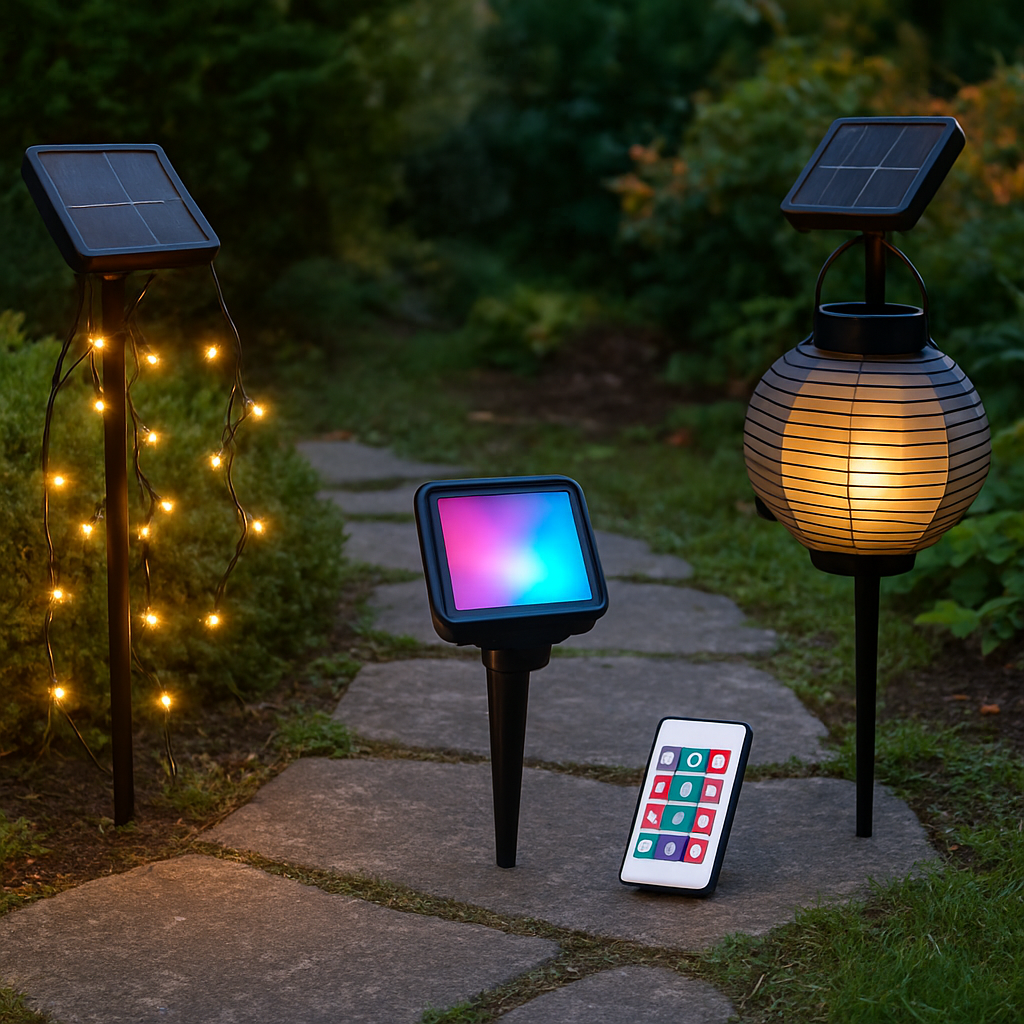 Vergleich von drei Solarleuchten im Garten.