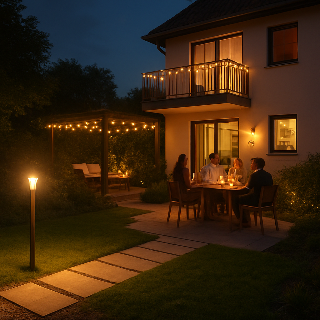 Vielseitige Gartenzonen durch Beleuchtung geführt.