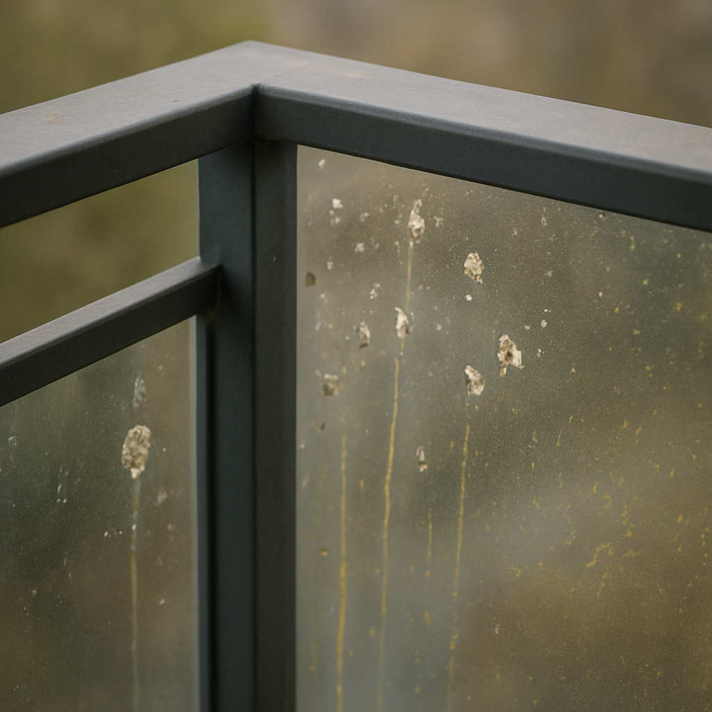 Vogelkot, Harz und Pollen auf Glasoberfläche