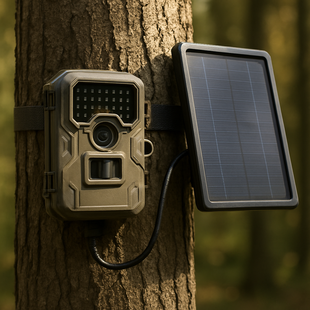 Wildkamera am Baum mit Solarpanel im Wald