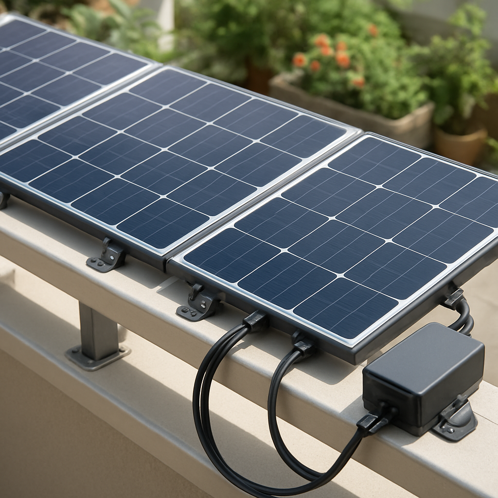 Kompakte Balkonmodule montiert, Wechselrichter sichtbar.