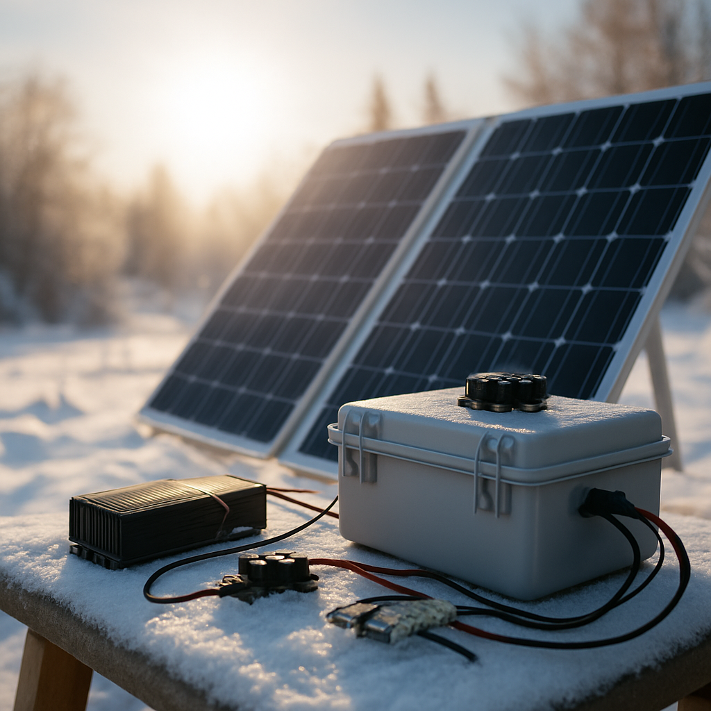 Winterbetrieb: PV-Modul, Pufferspeicher und Pi im Schnee