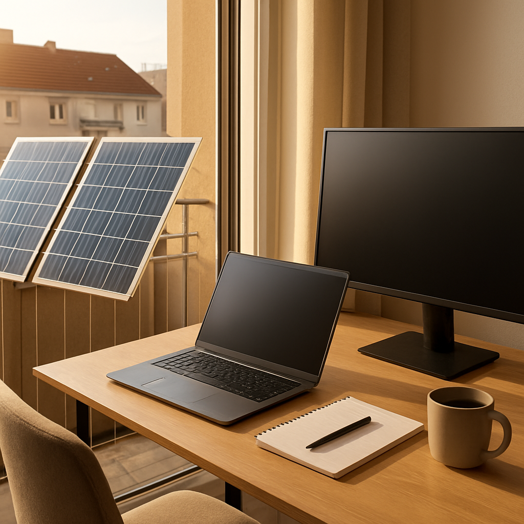 Mittagssonne trifft den Homeoffice-Arbeitsplatz am Balkon.