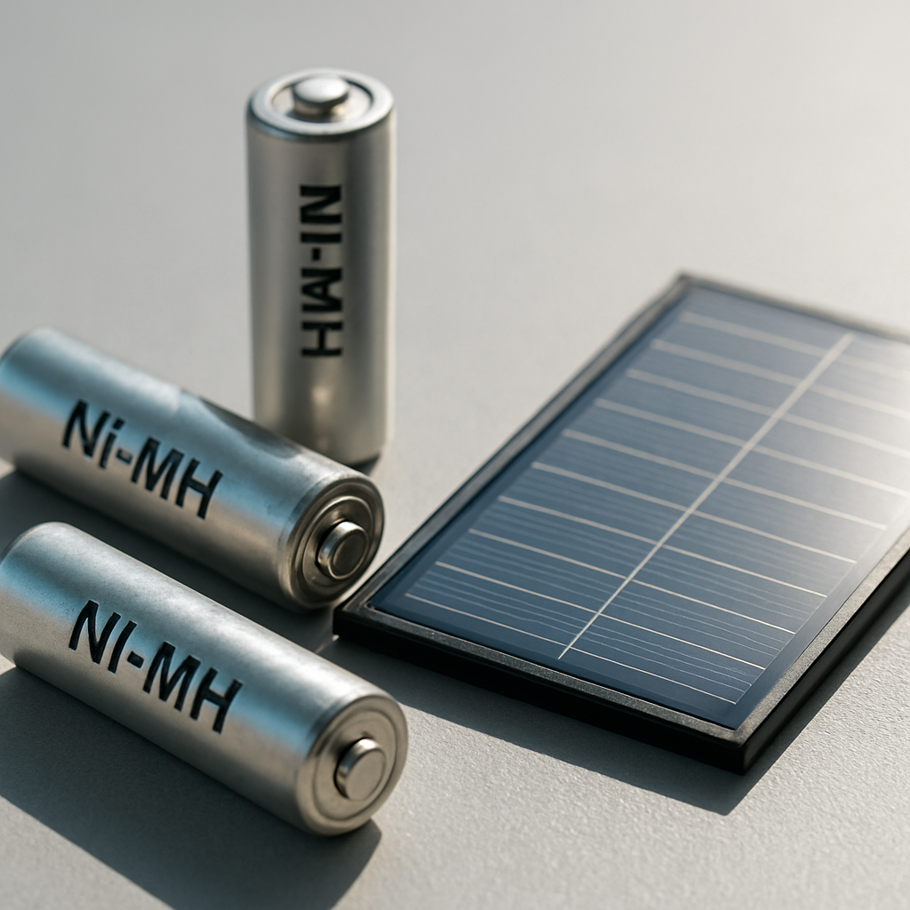 NiMH-Akkus neben Solarpanel im Sonnenlicht