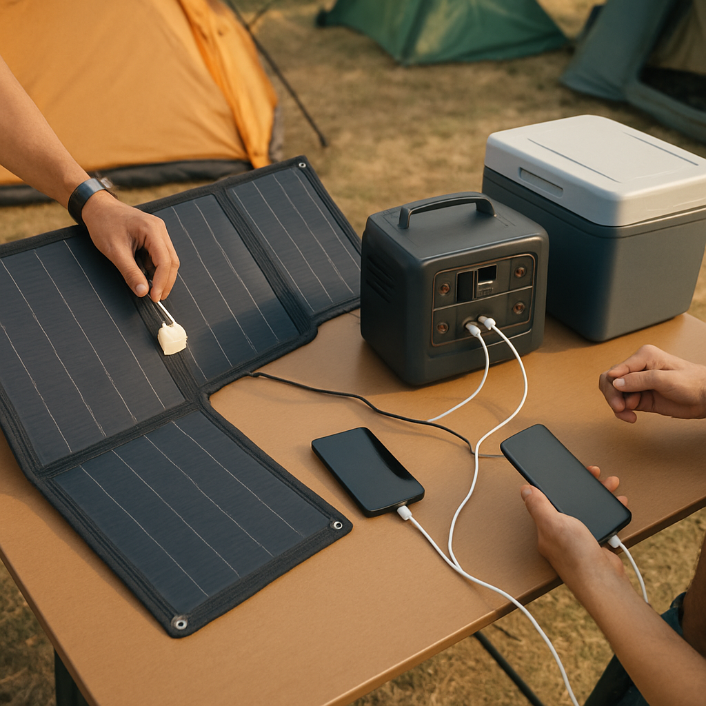 Zwei-Personen-Campsetup mit Panel, Powerstation und Kühlbox