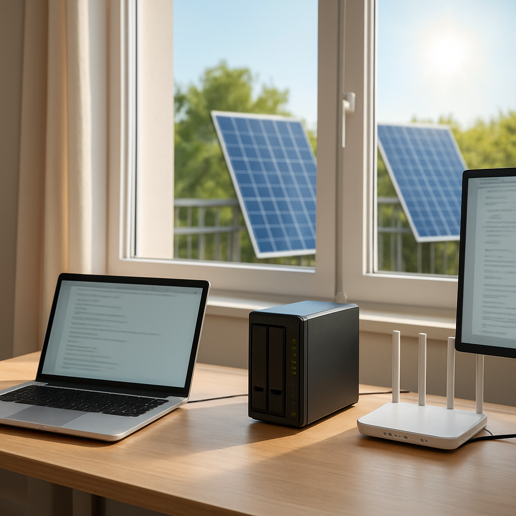 Router, NAS und Monitore im Sonnenfenster