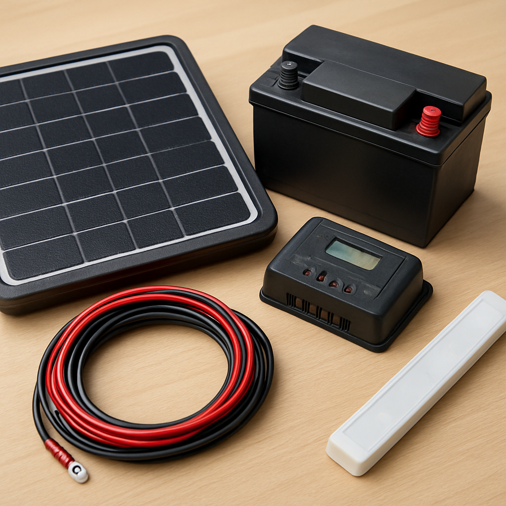 Kernbausteine der portablen Solarbox übersichtlich angeordnet
