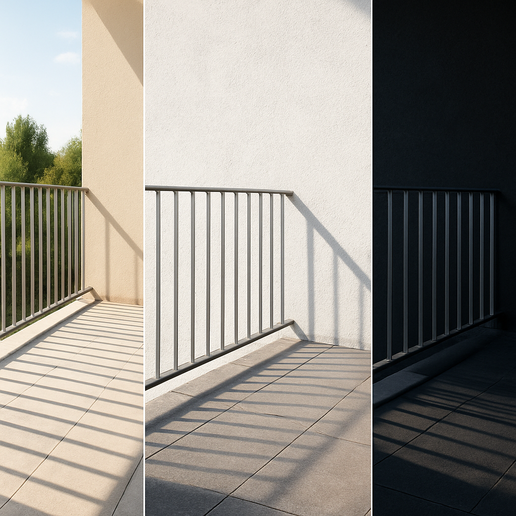 Drei Kernfälle: Optimales, Geländer-Montage, dunkler Balkon
