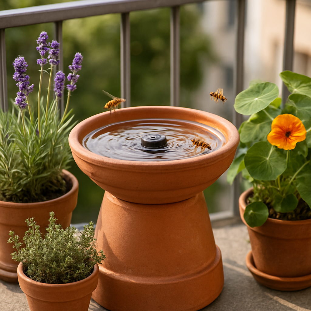 Kompakte Bienentränke auf dem Balkon-Podest