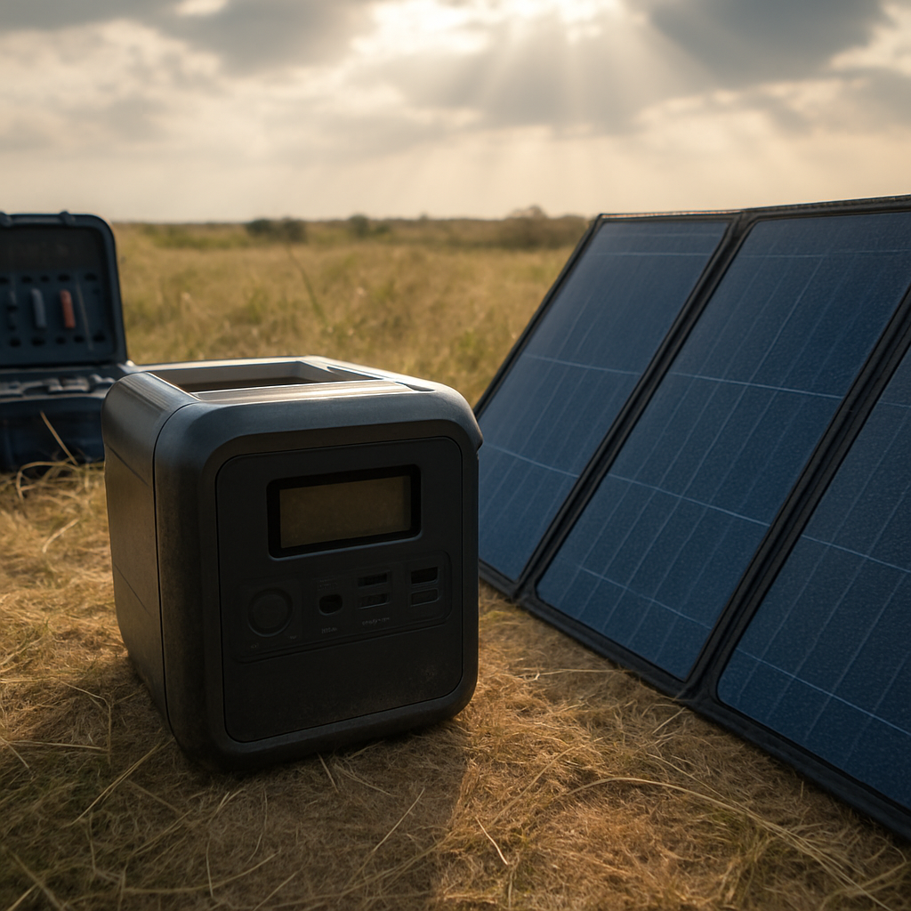 Garten-Outdoor-Arbeitsplatz mit Powerstation und Panel