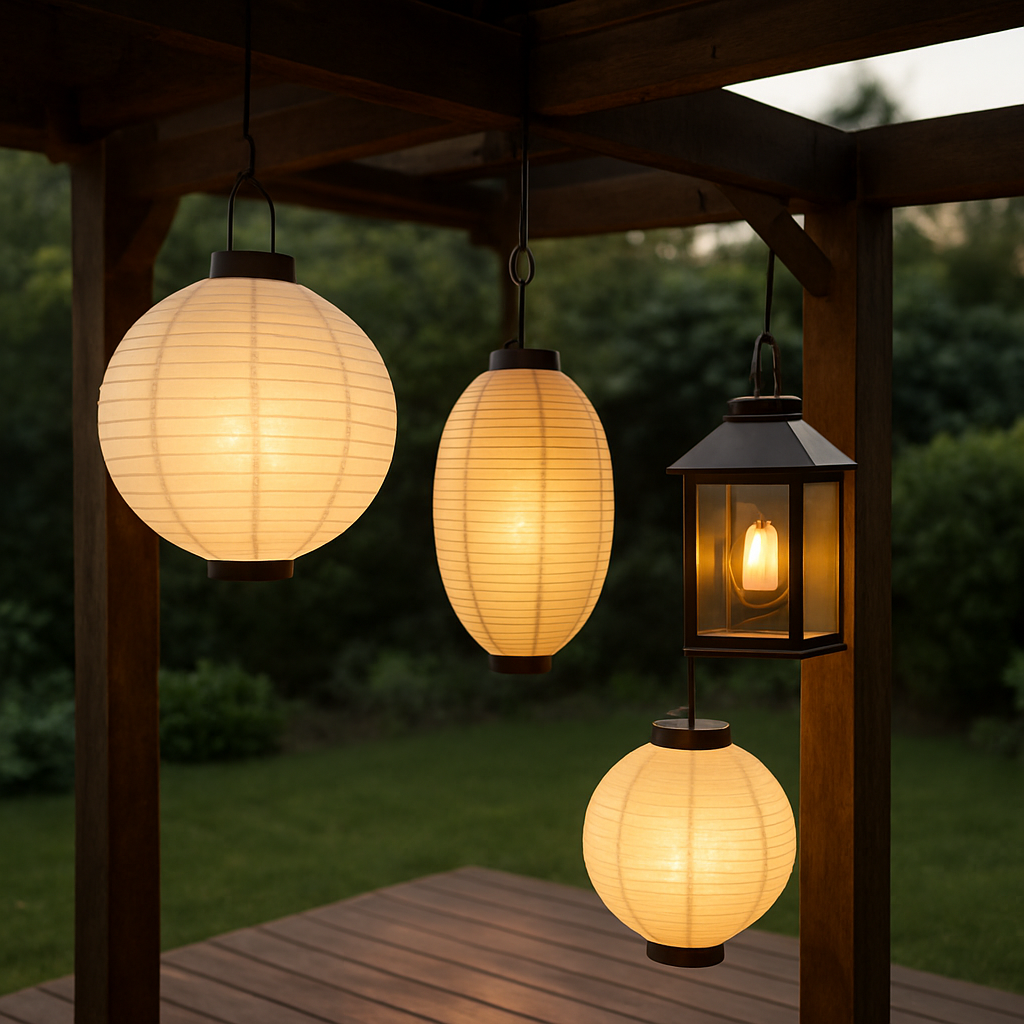 Verschiedene Solar-Hängeleuchten hängen in der Pergola.