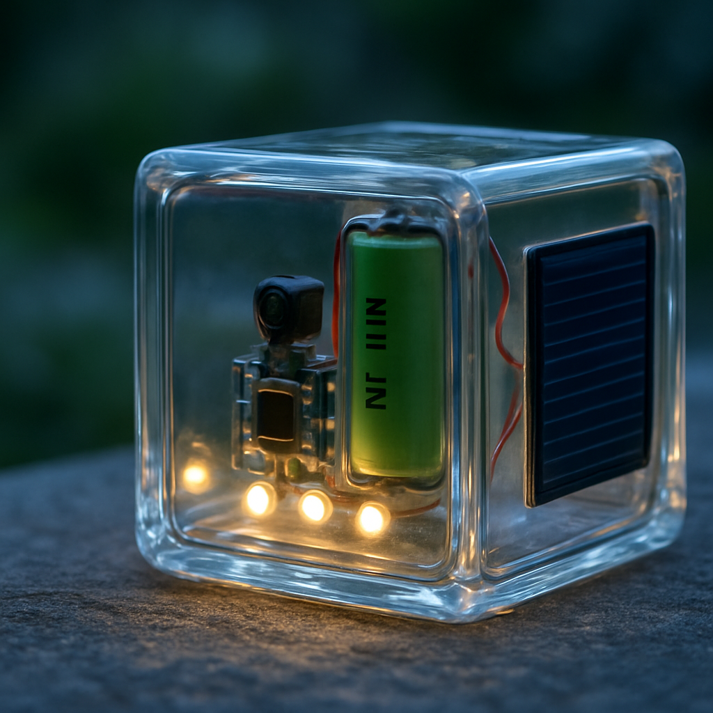 Innenleben eines Solareiswürfels: Akku, LED, Panel