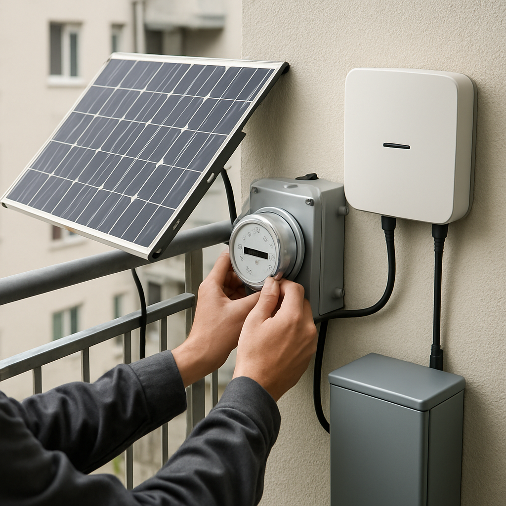 PV-Kompaktanlage am Balkon, Zählerverbindung und Speicher sichtbar