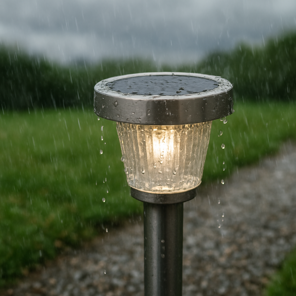 Regen tropft auf Solarleuchte im Garten.