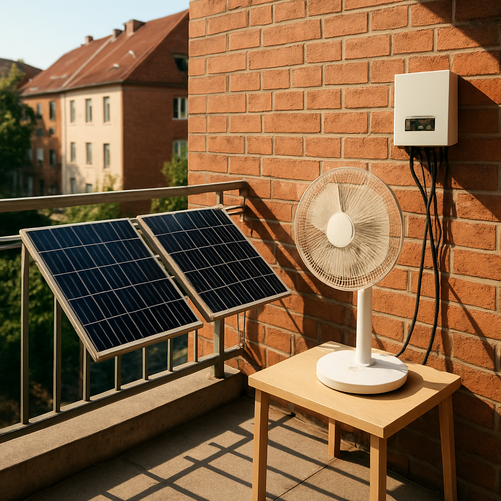 Balkon-Solaranlage mit Ventilator im Sommer