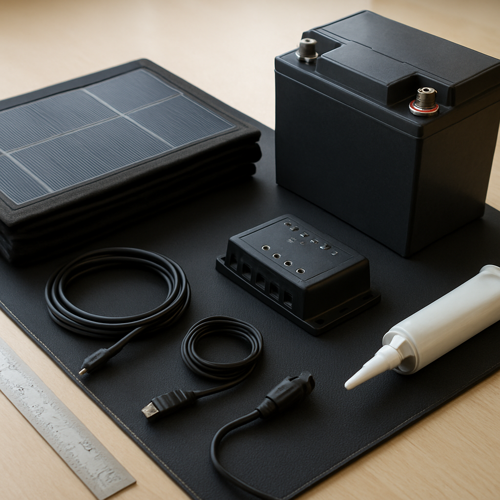 Übersicht: Solarmodul, AGM-Batterie, Regler und Anschlüsse