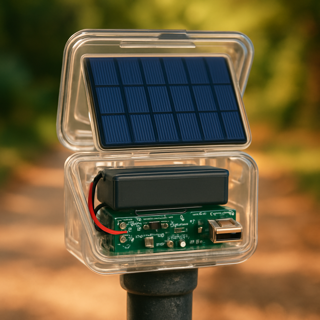 Solarmodul, Akku und USB-Ausgang im Lampenkopf sichtbar